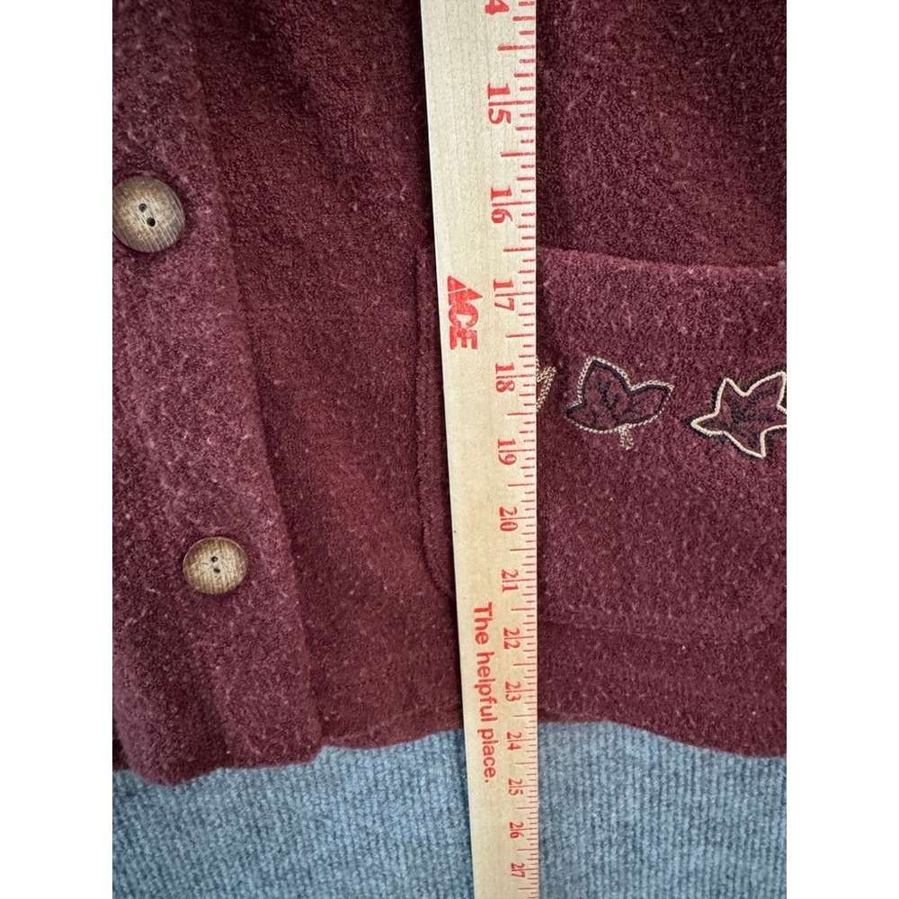 LL Bean Womens Burgundy Fleece Button Front Cardigan Leaf Embroidery Size M - Picture 4 of 6